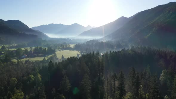 Early morning flight over Jachenau, Bavaria, Germany