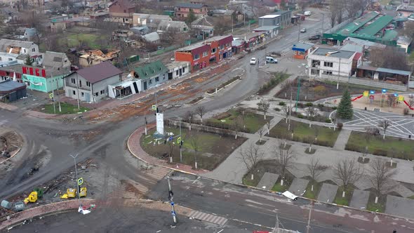 Aerial view of the road. Aerial view of the destroyed and burnt houses.