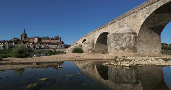 Gien, Loiret department, France. Low water level in the Loire river during a dryness season.