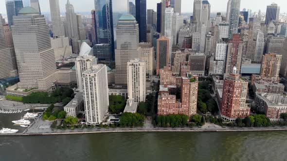 Aerial View of Manhattan Skyline with Battery Park, New York, USA.