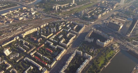 Aerial View of Moscow International Business Center at Sunrise When Sun Is Behind Clouds. Moscow