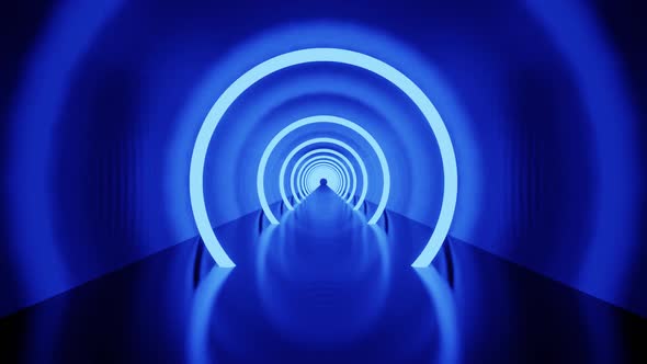 Blue Led And Neon Tunnel With Rings And Mirrored Background Vj Loop HD