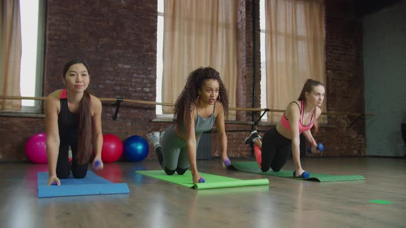 Strong Fit Diverse Females Doing Dumbbell Plank Row