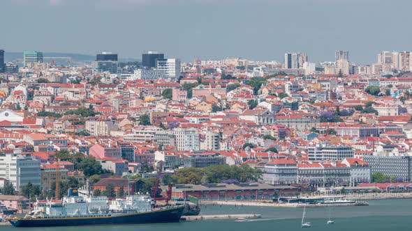 Panorama of Lisbon Historical Centre Aerial Timelapse Viewed From Above the Southern Margin of the