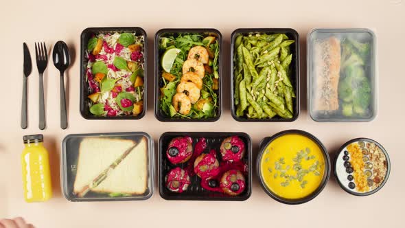 Food Delivery Top View Closing Take Away Meals in Disposable Containers