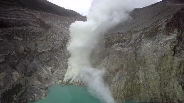 Sulfur Springs on the Lake in the Vent of a Sleeping Volcano Sulfur Smoke Comes Out From Under the