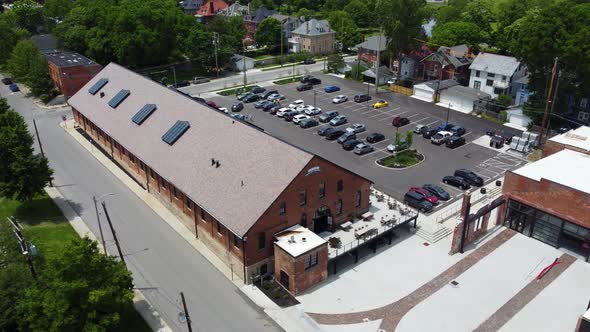 East Market in Columbus, Ohio in the Trolley District, aerial drone