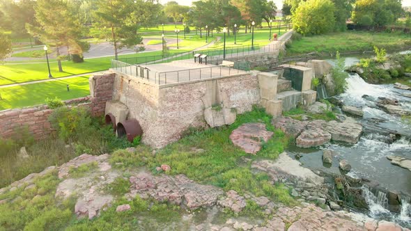 Aerial view of Falls Park in Sioux Falls, South Dakota, a mix of old and renewed elements.