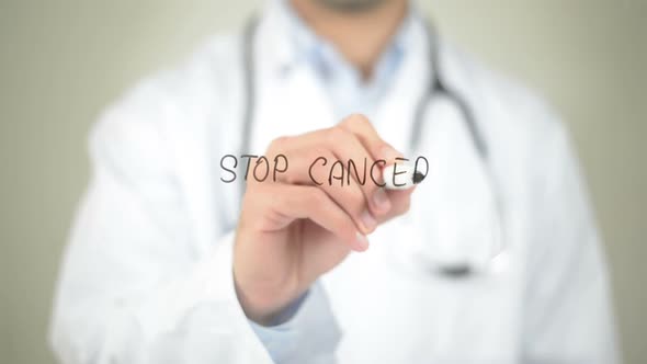 Stop Cancer, Doctor Writing on Transparent Screen