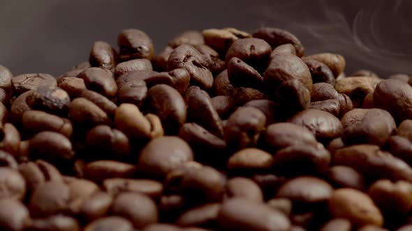 Aromatic Steam Lying Coffee Grains Closeup