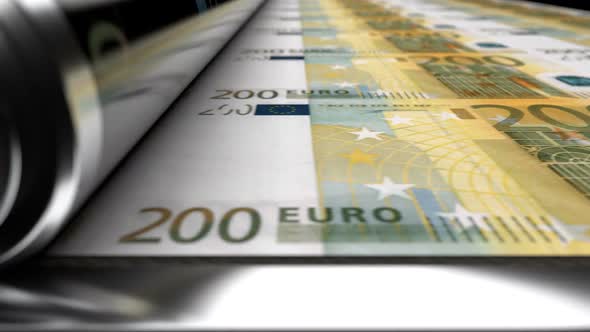 Close Up View of Press Machine Printing 200 EUR Banknotes
