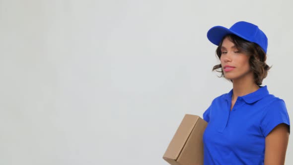 Happy Delivery Girl with Parcel Box in Blue