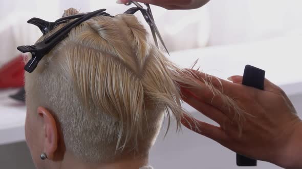 Hairdressers Hands with Scissors Making a Short Haircut to a Blond Woman Client