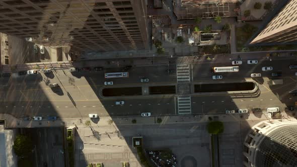 AERIAL Slow Lowering Birds Eye View Flight Over Downtown Los Angeles California Grand Avenue in