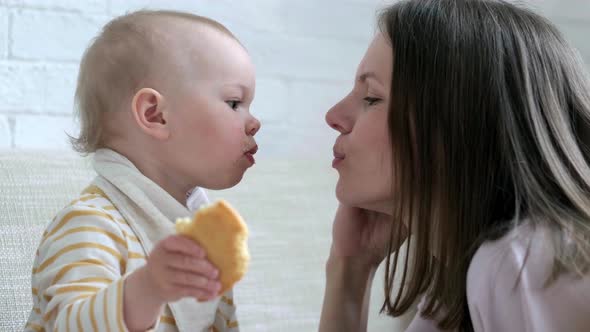 Child Baby Feeds Mom with Big Tasty Cookie