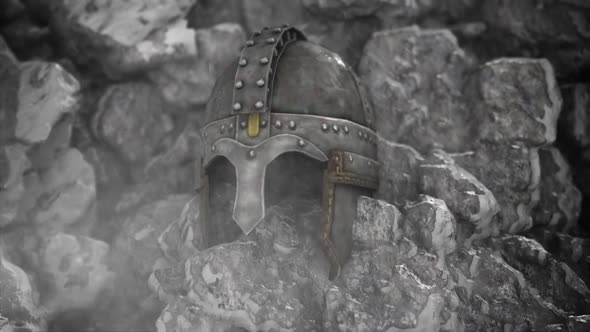 Warrior Helmet Embedded In A Rocks And Ice