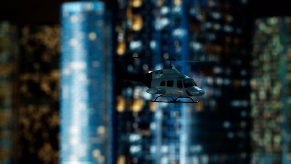 Slow Motion Helicopter Near Skyscrapers at Night