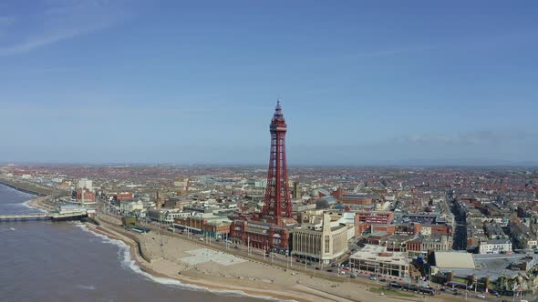 Stunning aerial view, footage of Blackpool Tower  from the sea of the award winning Blackpool beach,