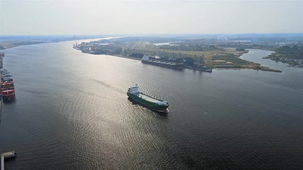 Cargo ship on the river wide view