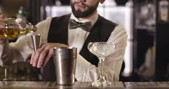 Close-up Shooting. The Bartender Is Pouring Alcohol From a Bottle Into a Shaker. 