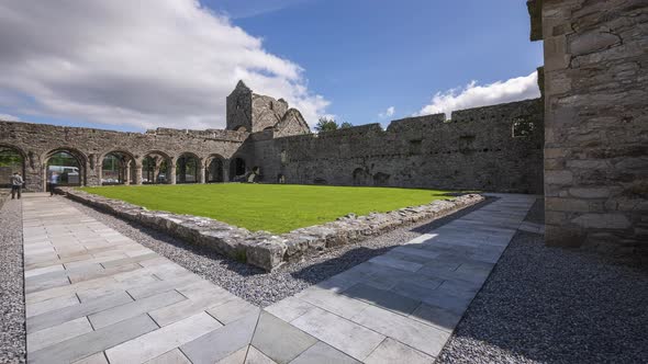 Panorama motion time lapse of Boyle Abbey medieval ruin in county Roscommon in Ireland as a historic