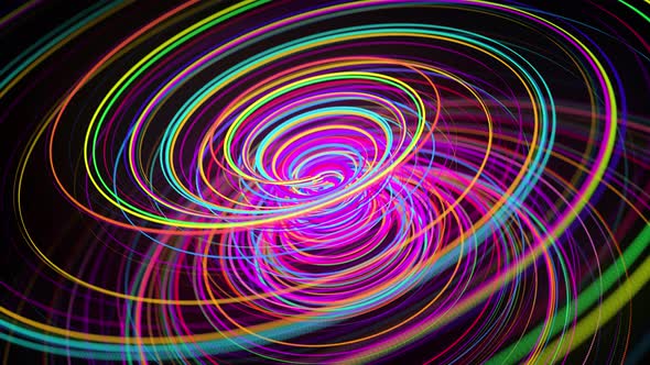 Colored Lines or Streaks Swirling in Spiral Fly Along Swirling Path