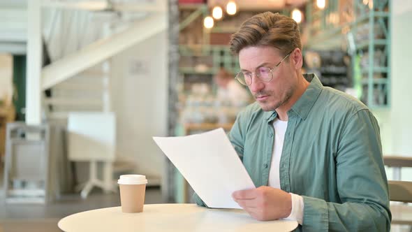 Middle Aged Man Reading Documents in Cafe 