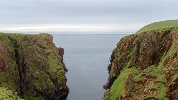 Zoom out of green cliffs by sea front with nesting birds