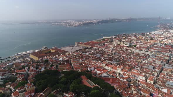 Fly Above Historic City of Lisbon, Portugal