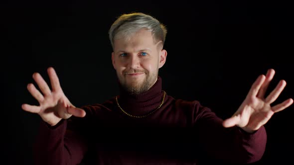 Smiling Stylish Man with Blue Eyes Showing Shape Heart with Hands Heartshape Sign Human Kindness