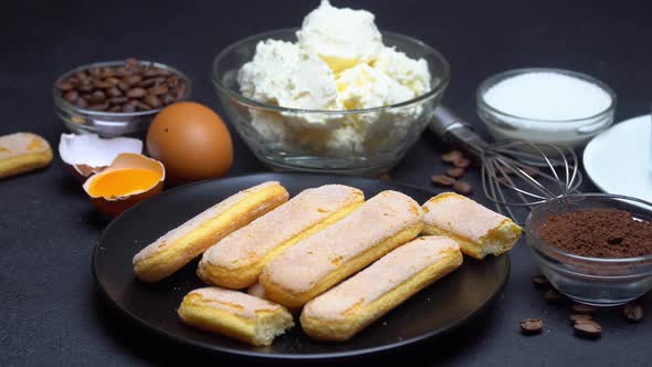 Ingredients for Cooking Tiramisu - Savoiardi Biscuit Cookies, Mascarpone, Cream, Sugar, Cocoa