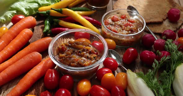 Fresh organic vegetable chutney with papadam