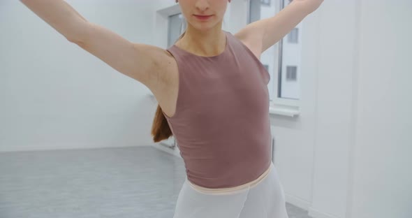 Ballerina Is at the Ballet School Rehearsal Choreographer Rehearses in the White Dance Hall Graceful