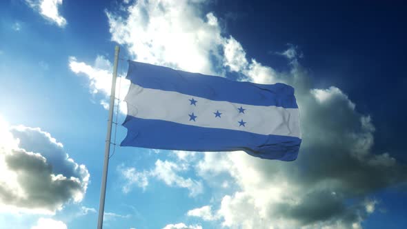Flag of Honduras Waving at Wind Against Beautiful Blue Sky