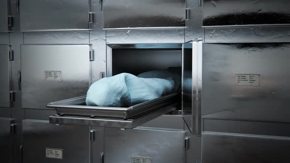 Close up on the opened locker in the morgue. A dead body covered with cloth.