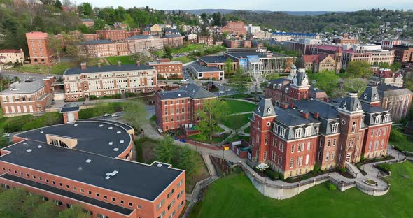 University campus in downtown Morgantown West Virginia, WVU. Woodburn Hall. Aerial view.
