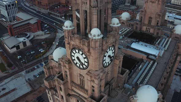 Aerial Close Up of the Tower of the Royal Liver Building in Liverpool