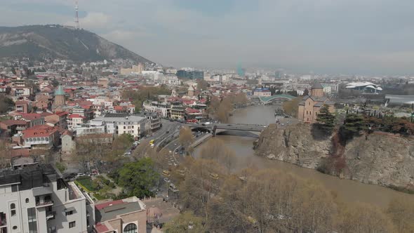 Aerial view of Metekhi church in the center of Tbilisi, Georgia