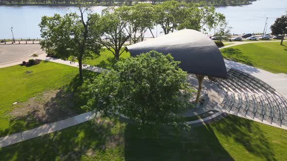 Bird view of newly completely shelter over stage venue in park along the Mississippi River.