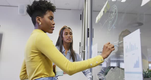 Diverse female business colleagues taking notes on glass wall and talking in office