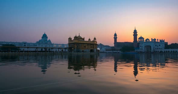 The Golden Temple at Amritsar, Punjab, India. Time lapse from dawn to sunrise