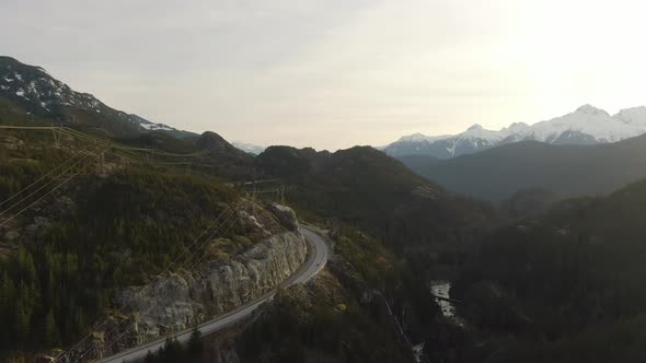 Aerial Drone View of Sea To Sky Highway During a Bright Winter Sunset