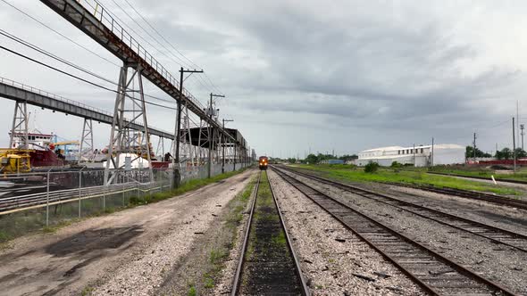 Approaching train aerial view in Mobile, Alabama