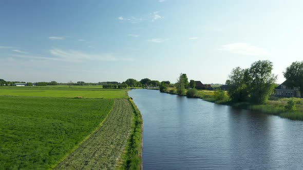 Flying Over Calm River In Weerribben-Wieden National Park Near Ossenzijl, Friesland, Netherlands. Ae