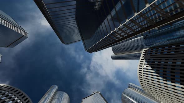 business center and flying over the rooftops the camera slowly rises up along the mirrored high-rise