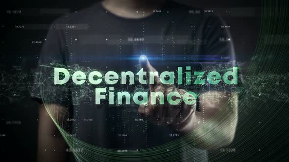 DeFi - Decentralized Finance Man Pressing Screen Hologram