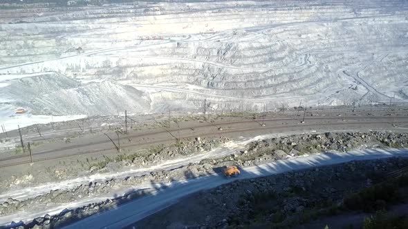 Aerial Asbestos Quarry Sunny Stepped Terraces with Railroads