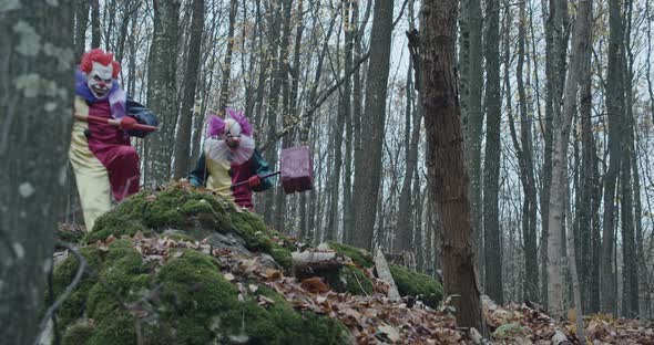 Two Scary Clowns With Hammers Run Through The Forest