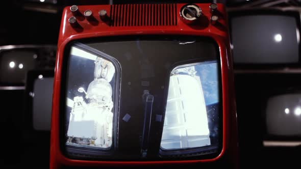 The Cupola (ISS module) and Earth as Seen on a Red Old TV Set.