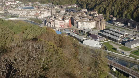 Top View Amazing Landmark Panorama Touristic Village District with River Sidewalk at Mountain Valley